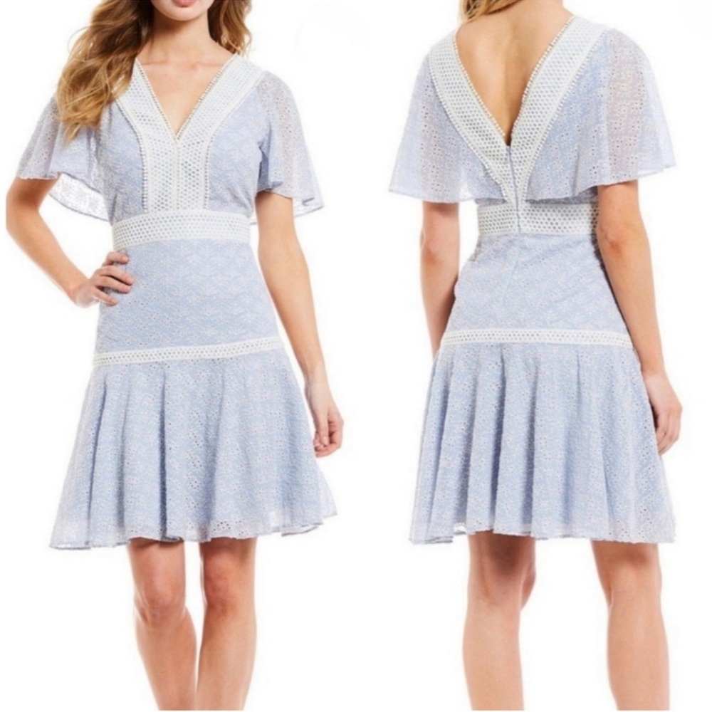 GIANNI BINI Womens Alice Lace Light‎ Blue V Neck Eyelet Drop Waist Dress Size 2